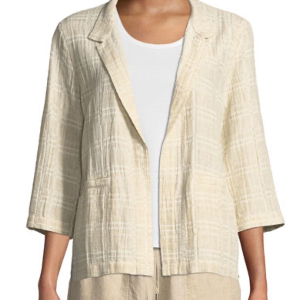 Eileen Fisher Cotton Linen Division Jacquard Stand Collar Jacket Small Natural